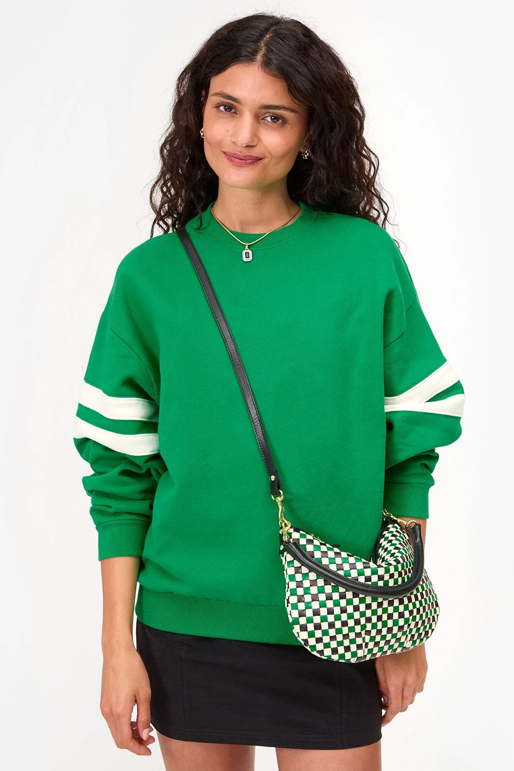 Petit Moyen Messenger Woven Check Green | Clare V | The Standard Store