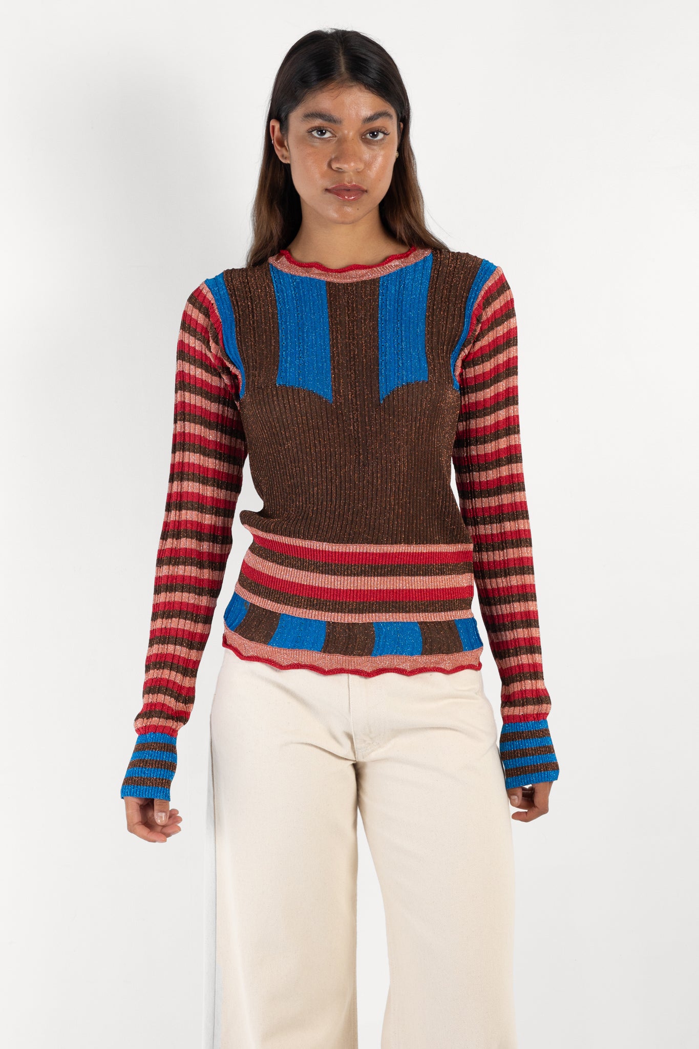 Block Knit Blouse, Brown Blue