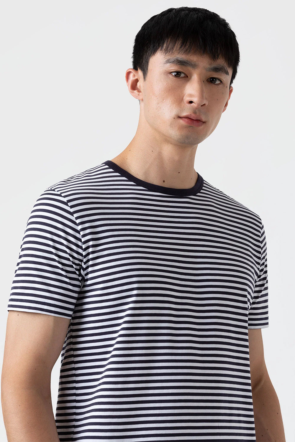 SS Crew Neck T shirt, White/Navy | Sunspel | The Standard Store