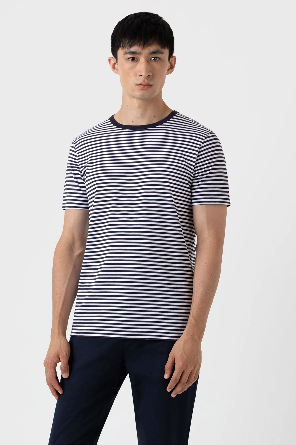 SS Crew Neck T shirt, White/Navy | Sunspel | The Standard Store